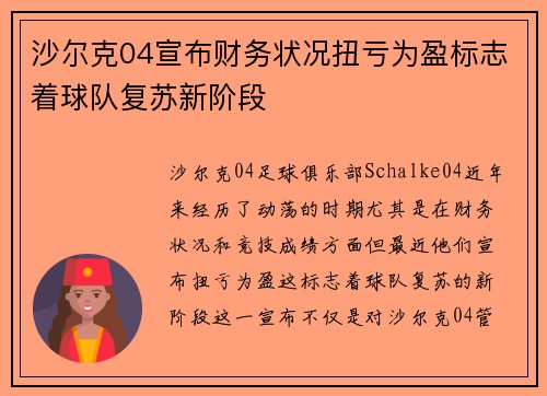 沙尔克04宣布财务状况扭亏为盈标志着球队复苏新阶段